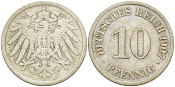 Германия 10 пфеннигов 1907 A KM 12, J. 13, Weege 8 медно-никель 259-922