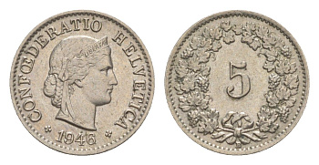 Швейцария 5 раппенов 1946 B KM 26 медно-никель 4627-813