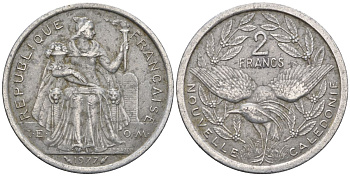 Французская Новая Каледония 2 франка 1977 птица кагу, (IEOM) KM 14, Schoen 11, Lec 58 алюминий    27-354