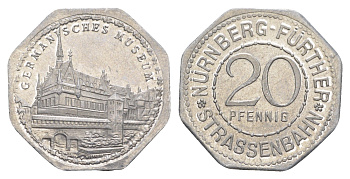 Нюрнберг трамвайный (транспортный) жетон в 20 пфеннигов ND (1920-1921) Германский национальный музей Men05 19256.14, Men18 24102.14 алюминий UNC 4638-252