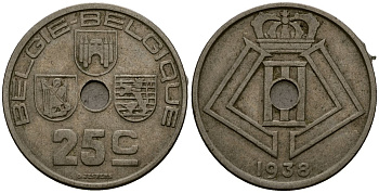 Бельгия 25 сантимов 1938 Belgie - Belgique KM 115 никель латунь 4403-1236