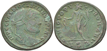 Римская Империя нуммий 300 - 301 Диоклетиан, бюст императора, IMP C C VAL DIOCLETIANVS P F AVG / Гений Римского народа, GENIO POPVLI ROMANI TSВ, Фессалоника RIC 21а биллон 1073-23-25