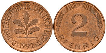 ФРГ 2 пфеннига 1992 F J.381a, KM 106a сталь плакированная медью    4598-933