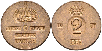 Швеция 2 эре 1967 U, Густав VI Адольф (1950-1973) KM 821 бронза 4364-1132