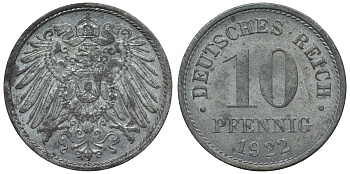 Германия 10 пфеннигов 1922 KM 26, J. 299, Weege 8 цинк 4119-426