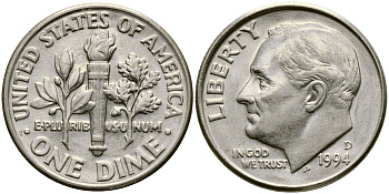 США 10 ЦЕНТОВ = 1 ДАЙМ 1994 D, РУЗВЕЛЬТ KM 195а медь плакированная медно-никелем 46-1153