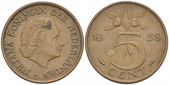 НИДЕРЛАНДЫ 5 ЦЕНТОВ 1958 ЮЛИАНА KM 181 бронза 214-813