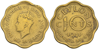 ЦЕЙЛОН 10 ЦЕНТОВ 1944 ГЕОРГ VI ГОД ТИП KM 118 никелированная латунь 4556-254