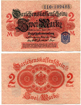 ГЕРМАНИЯ 2 МАРКИ 1914 РОЗОВАЯ БУМАГА, СИНЯЯ ПЕЧАТЬ, СЕРИЯ 110 Pick 55, Rosenberg 52d бумага 7551-21-3-1