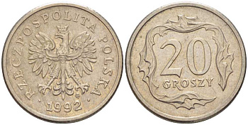 Польша 20 грошей 1992 MW KM 280 медно-никель 201-512