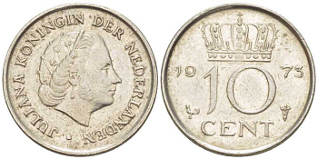 НИДЕРЛАНДЫ 10 ЦЕНТОВ 1973 ЮЛИАНА (1948-1980) KM 182 никель 214-1266