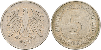 ФРГ 5 марок 1975 D, монетный двор Мюнхен КМ 140.1, J. 415 медно-никель плакированный никелем4607-241