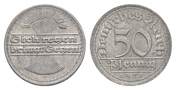 Германия 50 пфеннигов 1921 F KM 27, J. 301 алюминий 4646-1142