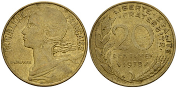 Франция 20 сантимов 1978 тип Marianne KM 930 алюминиевая бронза 4393-352