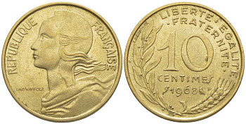 ФРАНЦИЯ 10 САНТИМОВ 1968 ТИП MARIANNE KM 929, LE FRANC 144.8 алюминиевая бронза 116-424