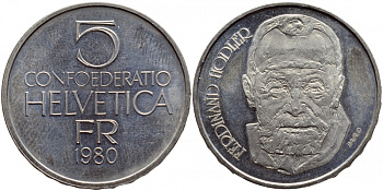 ШВЕЙЦАРИЯ 5 ФРАНКОВ 1980 ХУДОЖНИК ФЕРДИНАНД ХОДЛЕР KM 59 медно-никель UNC 443-142