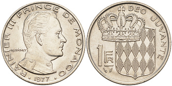 Монако 1 франк 1977 Ренье III (1949-2005) KM 140 никель 190-536
