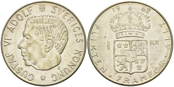 Швеция 1 крона 1962 U, Густав VI Адольф (1950-1973) KM 826 серебро 4610-612