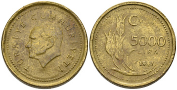 Турция 5000 лир 1997 Мустафа Кемаль Ататюрк KM 1029.1 латунь 4573-913
