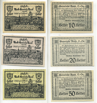Австрия набор из 3 банкнот 1920 20 февраля 1920, нотгельд, 10, 20, 50 геллеров, RAAB   бумага  aUNC  7555-9-2-2