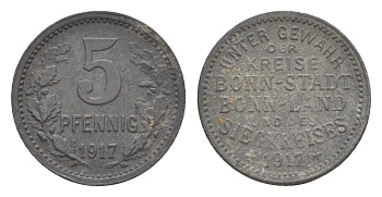 Бонн и Зигкрайс (Пруссия, Рейн) 5 пфеннигов 1917 Funck 52.1, Men05 3234.1, Men18 4150.1 цинк 4643-861