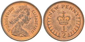 Великобритания 1/2 новый пенни 1971 Елизавета II (1952-2022) KM 914, Spink 4239 бронза UNC 4151-254