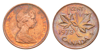 Канада 1 цент 1973 Елизавета II (1952-2022), кленовый лист KM 59 бронза 4639-342