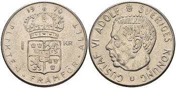 Швеция 1 крона 1970 U, Густав VI Адольф (1950-1973) KM 826a медь плакированный медно-никелем 4150-315