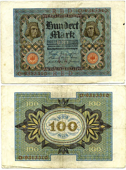 Германия 100 марок 1920 Бамбергский всадник, 7 цифр в номере Pick 69 a, Розенберг 67а  бумага   435-54-1-2