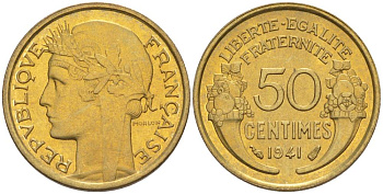 ФРАНЦИЯ 50 САНТИМОВ 1941 ТИП MORLON KM 894.1, LE FRANC 192.18 алюминиевая бронза 44-419