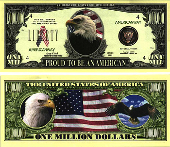 США 1000000 ДОЛЛАРОВ 2002 СУВЕНИРНАЯ БАНКНОТА, АМЕРИКАНСКАЯ СВОБОДА, ОРЕЛ СИМВОЛ СВОБОДЫ, АМЕРИКАНСКИЙ ФЛАГ бумага UNC (ПРЕСС) 7198-36-1-1