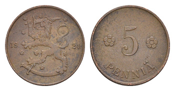 Финляндия 5 пенни 1921 KM 22 медь 4647-248