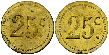 Франция 25†сантимов XIX-XX век ресторанный жетон латунь 4166-1123