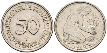 ФРГ 50 пфеннигов 1980 F KM 109, J. 384 медно-никель 4176-1156