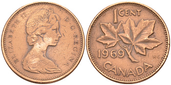 Канада 1 цент 1969 Елизавета II (1952-2022), кленовый лист KM 59.1 бронза 188-748
