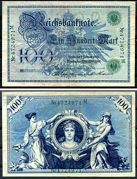 Германия 100 марок 1908 7 февраля 1908, выпуск конец 1916 - ноябрь 1918, зеленая печать Pick 34 бумага 8619-35-1-1