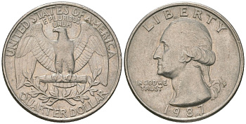 США 25 центов = квотер 1987 P, Вашингтон KM 164a медь плакированная медно-никелем 4595-1232