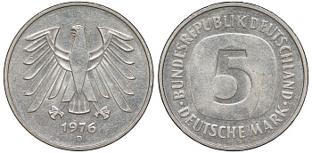 ФРГ 5 марок 1976 D KM 140.1 медно-никель 4137-1026