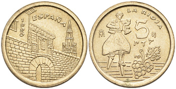 Испания 5 песет 1996 Хуан Карлос I (1975-2014), Риоха (La Rioja) KM 960 алюминиевая бронза 71-615