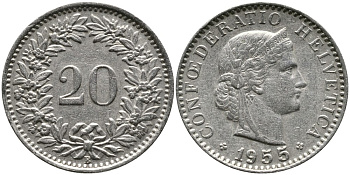 ШВЕЙЦАРИЯ 20 РАППЕНОВ 1955 В KM 29а медно-никель 4539-554