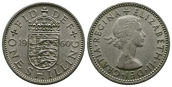 Великобритания 1 шиллинг 1960 Елизавета II (1952-2022), Английский герб KM 904, Spink 4147 медно-никель 4384-414