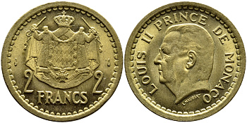 Монако 2 франка 1945 Луи II (1922-1949) KM 121а алюминиевая бронза 4389-1231