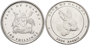 Уганда 100 шиллингов 2004 серия лунный календарь, год кролика KM 143 сталь UNC M58-02