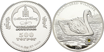 Монголия 500 тугриков 2006 лебедь, кристалы Сваровски KM 230 серебро PROOF 4-5-3-08