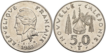 Французская Новая Каледония 50 франков 1983 хижина среди сосен и пальм, (IEOM) KM 13, Schoen 15, Lec 121 никель 4120-812