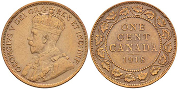 Канада 1 цент 1918 Георг V (1910-1936), большой формат KM 21 бронза 4448-854