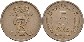 ДАНИЯ 5 ЭРЕ 1963 C; S, ФРЕДЕРИК IX (1947-1972) KM 848.1 бронза 108-1025