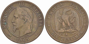 ФРАНЦИЯ 10 САНТИМОВ 1863 A, НАПОЛЕОН III (1852-1870) KM 798.1, LE FRANC 134.8 бронза 4389-512