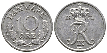 ДАНИЯ 10 ЭРЕ 1971 C; S, ФРЕДЕРИК IX (1947-1972) KM 849.1 медно-никель 26-929