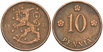 Финляндия 10 пенни 1921 KM 24 медь 4591-945